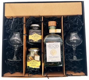 Coffret cadeau - Rhum - Baie des trésors Fleur du vent - 2 Verres à Rhums CHEF & SOMMELIER - Amandes enrobées et calissons LE PETIT DUC