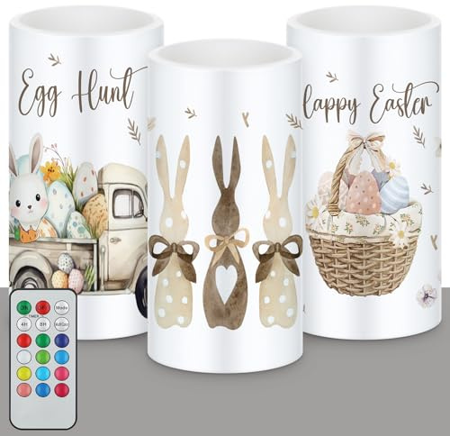 Retisee 3 Pcs Farmhouse Easter Flameless LED Candles Battery Operated Bunny Spring Flickering Pillar Candles with Remote Rabbit Happy Easter Centerpiece for Bedroom Living Room Dinner Table Decoration