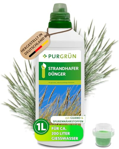 Purgrün® Strandhafer-Dünger 1 Liter – Gesundes Wachstum dank Guano – Premium-Flüssigdünger mit Spurennährstoffen – NPK 5+7+8 – Stärkt die Widerstandskraft – Konzentrat für 200 Liter Wasser