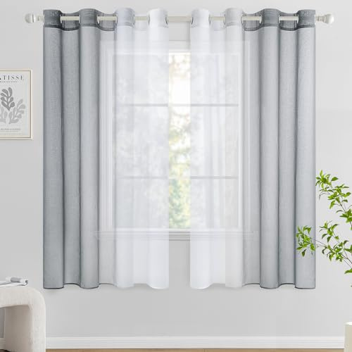 Woaboy Voile Vorhang Zweifarbiger Vorhang mit Ösen 140x145 cm Grau | 2er Set Transparente Gardine Ösenschal Dekoschal Fensterschal Lichtdurchlässig für Schlafzimmer und Wohnzimmer