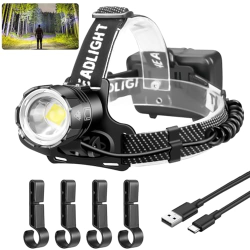 NAKCNM Stirnlampe LED Wiederaufladbar, Kopflampe Stirnlampe Batterie mit Rücklicht, Kopflicht 10000 Lumen Extrem Hell 3 Lichtmodi Zoombar Wasserdicht für Angeln Wandern Joggen Camping