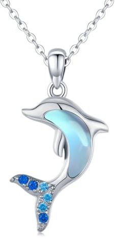 StoryEtain Kette Delfin 925 Sterling Silber Mondstein Kette Delphin Mondstein Delfin Anhänger Halskette Tier Schmuck Geschenke für Delfinliebhaber Damen Kinder