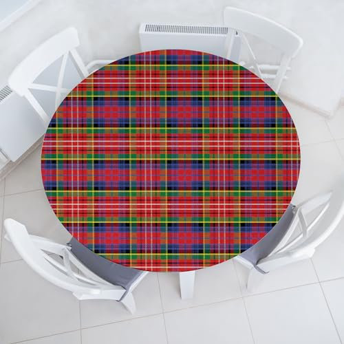 ABAKUHAUS Plaid Elastisches Rundtischtuch, Caledonia Schottische traditionelle Muster Tartan Motiv abstrakte Quadrate verzierten Quilt, Rundum-elastische Stofftischdecke, 114 cm - 142 cm, Mehrfarbig