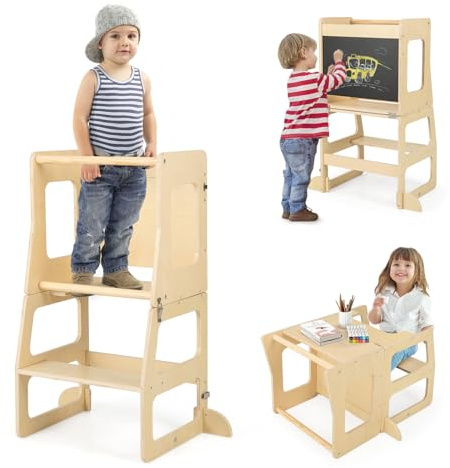 COSTWAY Torre per Bambini 3 in 1 con Lavagna, Sgabello Montessori | Torre di Apprendimento per Bambini 3 Anni +, Capacità di Carico 60 kg, 68 x 40 x 91 cm