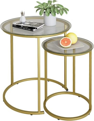 Huhote Runde Couchtische, Set mit 2 Beistelltischen, Beistelltisch mit Metallrahmen für Wohnzimmer/Schlafzimmer/Balkon/Büro/Wohnung, Durchmesser 40 cm (goldener Rahmen, Glasplatte)