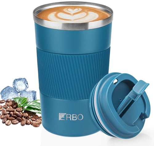 ERBO Kaffeebecher to go, Thermobecher Kaffee to go, 380ml Auslaufsicher Kaffeebecher mit Deckel, Coffee to go Becher, Kaffeebecher to-go Thermo, Thermobecher Edelsthal für Wasser, Tee, Kaffee (Blau)