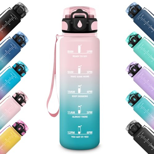 HoneyHolly Gourde 1L, Étanche & Réutilisable, Gourde Sport, Anti-fuite Bouteille, Motivation avec Filtre, Gourdes, Bouteille d'eau, pour Gym, Enfant, Adulte, École, Bureau, Yoga, Camping