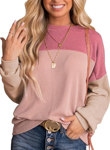DUOEASE Jersey Mujer Cuello Redondo Textura Bloque de Color Sudadera Mujer sin Capucha Otoño Sweatshirts-Rosa OscuroAlbaricoque-M