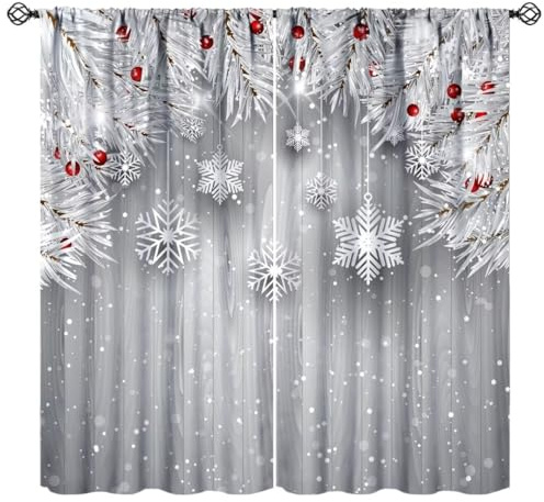 Nanacur Winter Snowflake Curtains, Silver White Fir Branches Christmas Tree Red Berries Snow Print Window Curtains for Home Kitchen Bedroom Living Room, 42 W X 45 L, Decor
