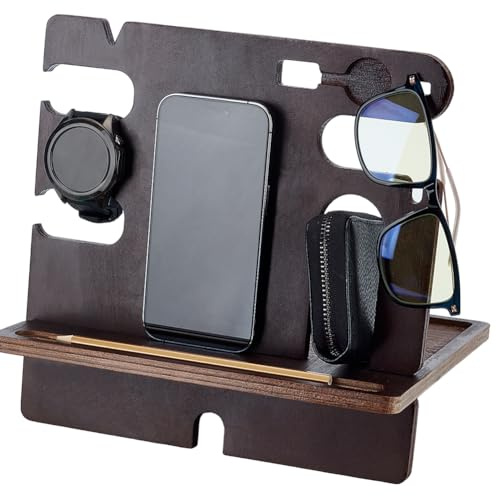 FINGERINSPIRE Wood Docking Station Coconut Brown Rustic Nightstand Organizer Table Charging Dock Watch Charging Stand Wallet Key Gadget Device Bedside Holder Gifts for Men Dad Birthday Ideas