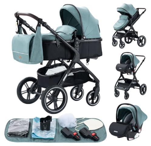 GLOKID Carrito bebé 3 Piezas, Carro, Carrito bebé 3 en 1, Silla Paseo, Sistema de viaje, Plegable, neumáticos de caucho, Con accesorios, Góndola, Adaptateurs 25 kg (Verde)