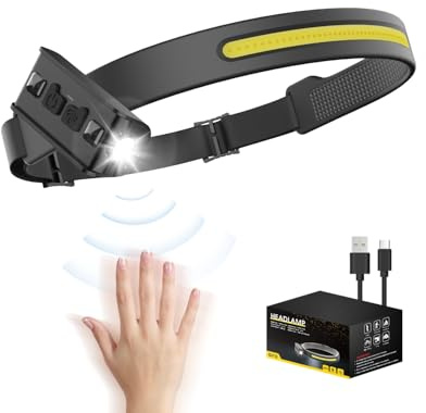 Stirnlampe LED Wiederaufladbar, 1200LM 90°Einstellbar Scheinwerfer & 230°COB Superhell Kopflampe, 5-Modi mit Sensor, IPX5 Wasserdicht, 12 Stunden Laufzeit, Leichte Scheinwerfer für Camping(1 PC)