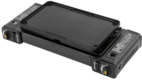 Tragbarer Campingkocher, 2 Brenner Campingkoche mit Grillschale, Campingkochr,Gaskocher, Campingkocer 2-flammig, für Camping, Reisen, Wandern, Picknicks, Grillpartys