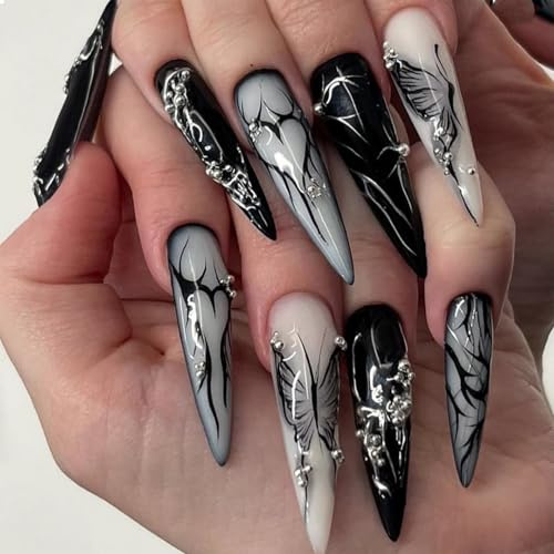 GlamRays 24pc Gothic Black Butterfly Acrylic Stiletto False Nails, Pack of 1 Set, 12 Different Sizes