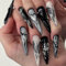 GlamRays 24pc Gothic Black Butterfly Acrylic Stiletto False Nails, Pack of 1 Set, 12 Different Sizes