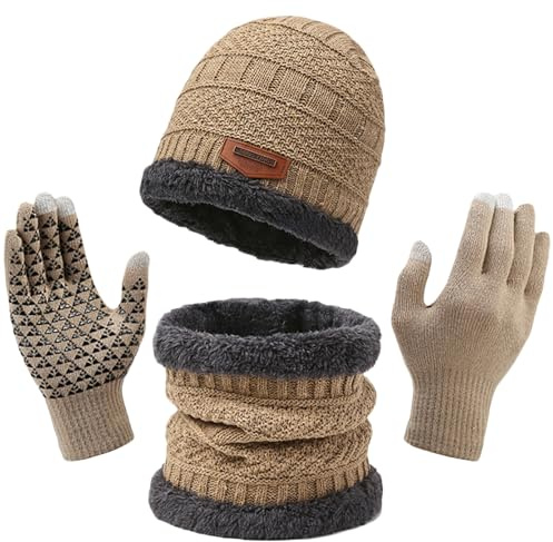 TYXHXTF 3Pcs Ensemble de Bonnet Tricoté Écharpe avec Gants, Beanie Bonnet Homme Femme D'hiver, Gants D'écran Tactile, Doux et Chaud Écharpe et Chapeau (Kaki)