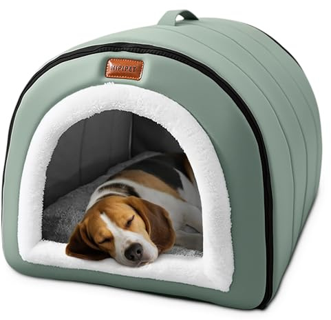 ALLSOPETS Hundehöhle Selbstwärmendes 2-in-1 Faltbares Katzenbett für Katzen und Kleine bis Mittelgroße Hunde, Katzen Iglu Haus Haustierzelt mit Dachhaube und Tragegriffen (Salbeigrün, XXL)