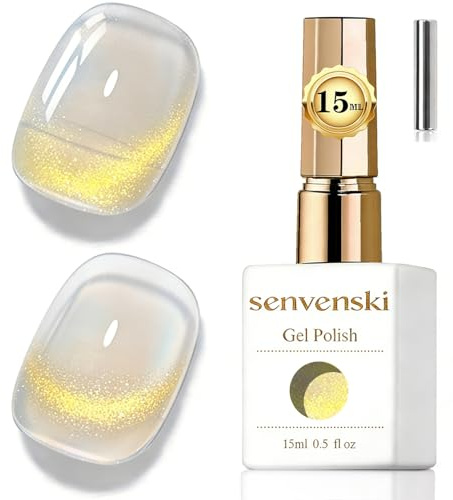 Senvenski Gelé Glas Cat Eye Gel Nagellack Katteöga med Magnet 15ML Magnetisk 3D Glittrande Holografiskt Genomskinlig Skimrande Färg Gellack Salon Hemtjänst (Guld, 15ml)