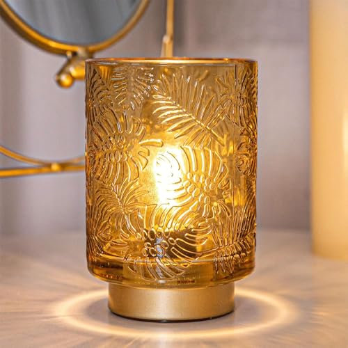 ELLECILA Battery Operated Lamp, Small Table Light for Home Decor, Leavs Texture Cordless Table Lamp with Led Bulb, Glass Battery Powered Light for Living Room, Bedroom, Entryway, Dark Brown