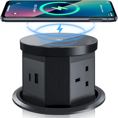 Pop up Power Sockets with 15W Wireless Fast Charger, Touchscreen Automatic Pop up Socket with 3 x UK Plugs, 1x USB & 1x Type C Port, Aluminum Alloy Material, for Home Office Kitchen Worktops Desktop