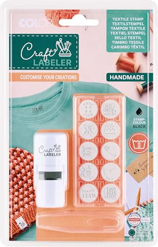 Craft Labeler R17 Set | runder Textilstempel mit 10 auswechselbaren Motiven | schwarze Texilfarbe | 17mm runder Abdruck | Farbe waschmaschinenfest bis 90°C | Texilfarbe dermatoligisch getestet | 17mm Abdruck | Farbe waschmaschinenfest bis 90°C