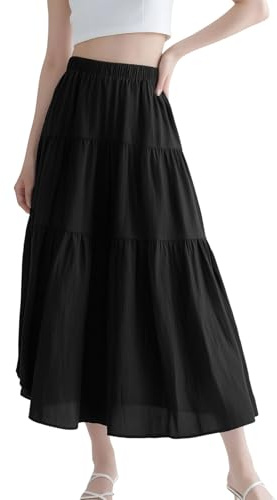 Fiohiros Maxi Skirts for Women UK, Elastic High Waist Ladies Long Skirts Elegant A-Line, Vintage Summer Tiered Maxi Skirt (UK, Alpha, M, Regular, Regular, Black)