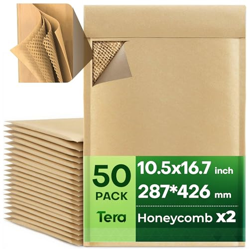 Tera Honeycomb Padded Mailers Envelopes: 10.5 x 16.7 inch 50 pcs 4-Layer Protection Self Seal Biodegradable Recyclable Kraft Paper for Jewelry Makeup Small Business Shipping Bags