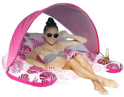 Flotadores Piscina Adultos con Toldo, Hamaca Flotante De Agua Inflable con Portavasos, Colchoneta Piscina Hinchables para Piscinas, Tumbona Hinchable con Sombrilla, Silla Reclinable Flotante De Agua