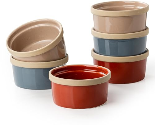 DAFUCERAMIC Ramekins 8 Oz Oven Safe, Ceramic Creme Brulee Souffle Dishes, Pudding Custard Cups Ramekin For Baking, Small Dipping Sauce Bowls, Set of 6, Microwave and Dishwasher Safe (Artisan Colors)