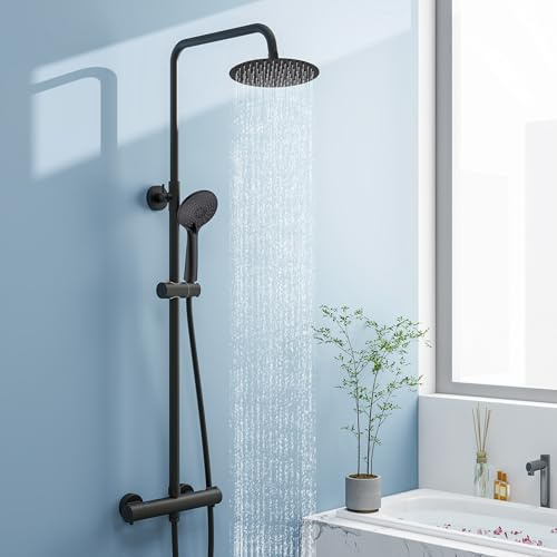 Biubiubath Matte Black Thermostatic Mixer Shower Set - 8 Rainfall Overhead Shower, 3-Mode Handheld Shower Head, Adjustable Height Rail, Round Bathroom Shower System
