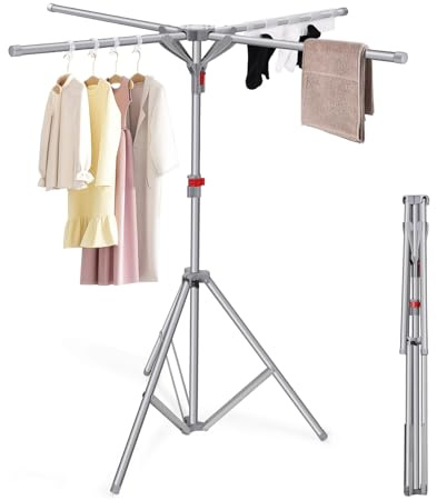 WGIDSKKI Standtrockner Wäscheständer mit 4 Flügeln Enthält 10 Haken und 1 Sockenclip-Wäscheständer Klappbar, Höhenverstellbar Wäschetrockners Ständer, für Camping Balkon Drinnen Draußen (Grau)