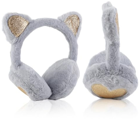 FYting Ohrenwärmer Kinder Mädchen,Ohrenschützer Kinder Winter,Plüschweicher Ohrwärmer, Verstellbarer Kopfumfang, für Weihnachten, Geburtstag, Urlaubs,Geschenk (Hellgrau Katze Ohren)