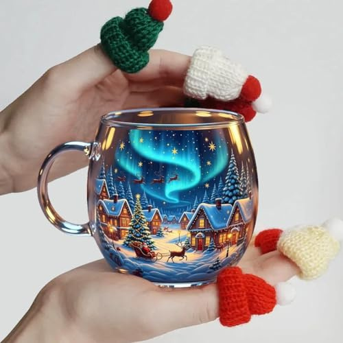 Kreative Weihnachtsbecher Buntglas-Kaffeebecher, Einzigartige Gemalte Glasbecher Trinkbecher für Kaffee, Festliche Kaffee-Tee-Milch-Becher Gläser Geschirr für Zuhause Büro Schreibtischdekor (Stil A)