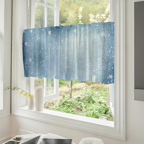 Highdi 3D Weihnachten Kurzgardine Wohnzimmer Küchen, Stangentasche Xmas Kurzer Scheibengardinen für Kleine Fenster, Bistrogardine Kurzgardinen 1 Stück (Blaue Schneeflocke,140x60CM)