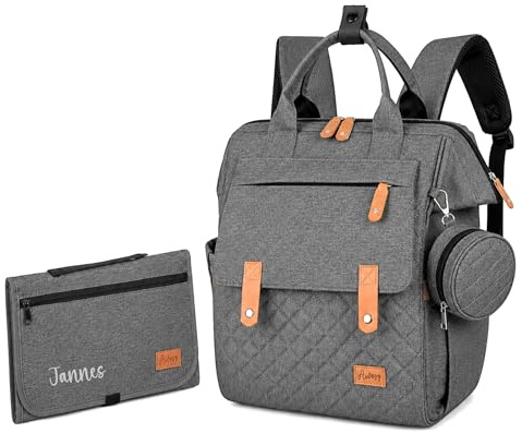 AWASG Wickelrucksack mit Personalisierter Wickelunterlage, Wickeltasche Baby Groß, Babyrucksack für Unterwegs, Dunkelgrau