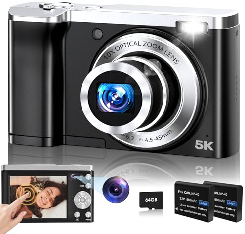 Digital Camera,5K 56MP Cameras for Photography Autofocus,Vlogging Compact Camera with Front and Rear Camera,10X Optical Zoom,6-Axis Anti-Shake,Touch Screen with 64GB SD Card,2 Batteries