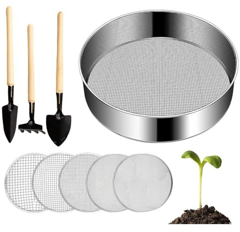 MoSundi Edelstahl Gartensieb 20 cm Rund Erdsieb mit 5 austauschbaren Netzeinsätzen und 3 Handspaten für Kompost Sand Kies Sieben