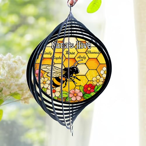 Craftnamesign Custom UV Printed Nana's Beehive Wind Spinners Garden Art, Personalized Bee Hive 3D Kinetic Chimes Outdoor Decor Sign, Sun Catcher Gifts for Grandmother Mom Grandma Friends Nature Lover