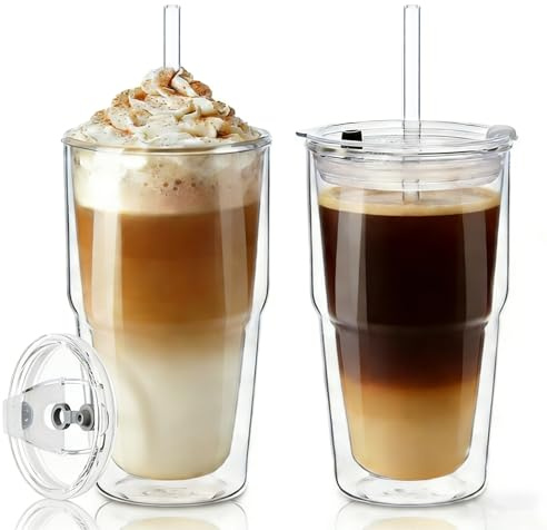 KEMORELA 2er-Set Doppelwandige Glasbecher 480 ml mit Deckel & Strohhalm – Isolierende Thermogläser für Latte Macchiato, Kaffee, Eiskaffee & Kalte Getränke