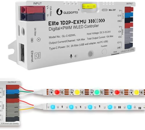 GLEDOPTO WLED Controlador Elite 1D2P-EXMU, Controlador Digital y PWM para Tiras LED con Conexión Ethernet y Reacción al Sonido, 15A máx., Compatible con Alexa/HA, 5-24 V CC, Fusible de 20A (620WL)