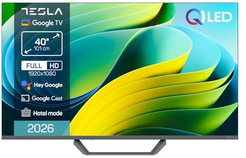 TESLA QLED Smart TV 40 Pulgadas Full HD Compatible con Google TV y Google Assistant - Dolby Audio, HDR, WiFi y Bluetooth, Apps y Chromecast Integrado, 3 HDMI, DVB-T2/S2/C, Color Negro