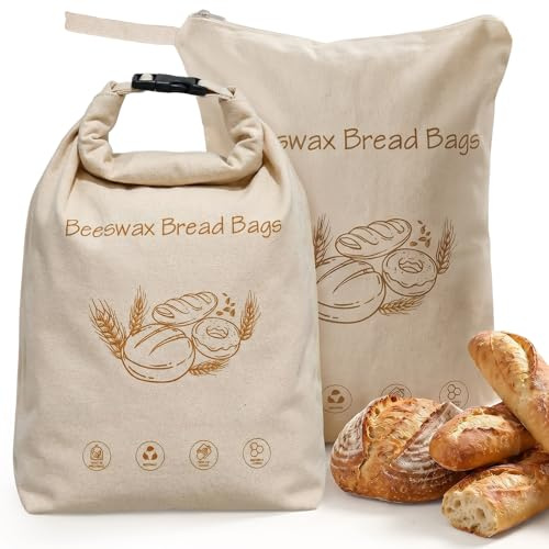 Beeswax Bread Bag for Homemade, Reusable Loaf Beeswax Guard Bag for Sourdough, 17X13 Inch Linen Bees Wax Bread Bags for Keep Fresh, Freezer Safe (Beige 1*button 1*zip)