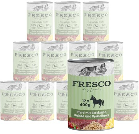 FRESCO Dog NassBarf Pferd 12 x 400g | mit Steckrübe, Quinoa & Preiselbeeren | Hypoallergenes Hundefutter Nass getreidefrei | Mono-Protein & 86% Frischfleisch | Barf Nassfutter für Hunde ohne Zusätze