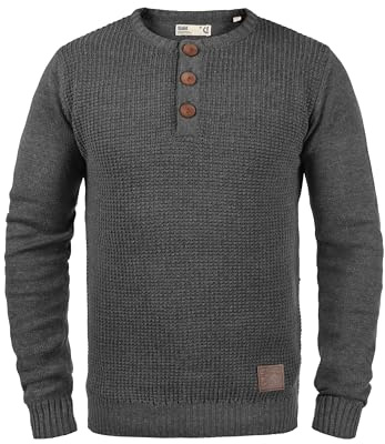Solid SDTerrance stickad tröja för män, finstickad tröja med Grandad urringning, bomullsblandning, normal passform, Mörkgrå melerad (8288), XL