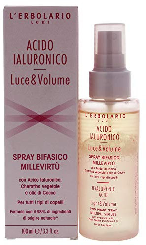 L'Erbolario Spray Bifasico per Capelli MilleVirtù Acido Ialuronico Luce e Volume, Trattamento Multiuso con Cheratina Vegetale e Olio di Cocco, 100 ml