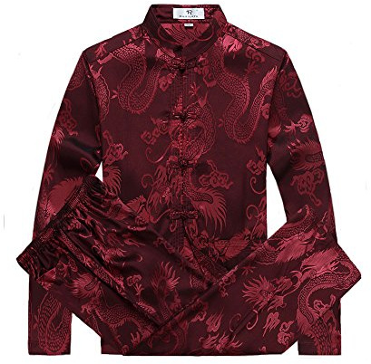 G-LIKE Chinese Clothing Tang Suit - Traditional China Ancient Costume Male Martial Arts Tangzhuang Kung Fu Long Sleeve Jacket Suits Shirt Outfit Uniform Cloth (Red, L)