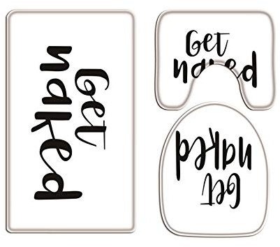 A.Monamour Badezimmer Badematte 3 Teilig Set Schwarze Schrift Bekommen Nackte Lustige Wörter Weißen Flanell WC Toilette Deckel Deckt Bad Matte Teppich Badteppiche Badvorleger Badgarnitur Vorleger