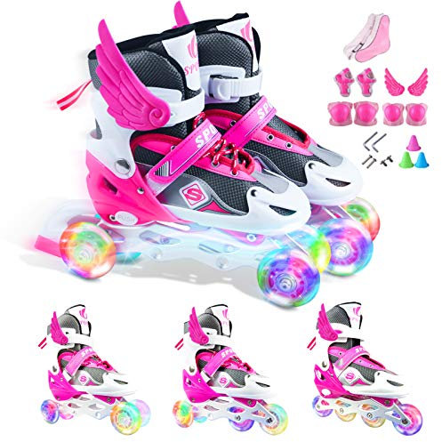Verstellbar Inline Skates für Jungen Mädchen Anfänger，3 in 1 Rollschuhe Triskates Inlineskates mit LED leuchtendem Rad Sicher und langlebig für Frauen und Männer Kinder und Erwachsene, Rosa, S(26-32)