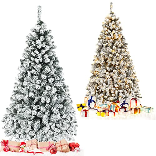 RELAX4LIFE Albero di Natale Innevato 180/225 cm con Luci Incorporate, 600/1010 Rami Folti e 250/450 Luci LED, Abete Artificiale Innevato Illuminato Solida Base in Metallo (180cm, Verde+Bianco)