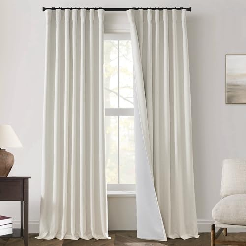 PANELSBURG Linen Blackout Curtains for Bedroom, 90 for 8FT Ceiling Taller Look Floor Length Pleated Drapes, Cream Farmhouse Style 100% Room Darkening & Noise Reducing Sound Dampening for Living Room